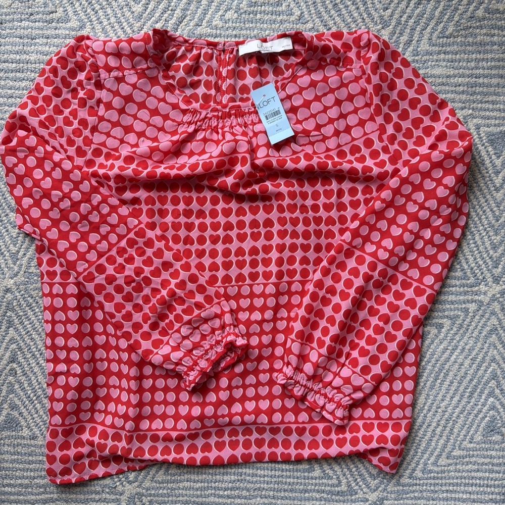 LOFT Shirt 605607 Heart Print - Long Sleeve - Red/Pink/White - Small Petite NWT